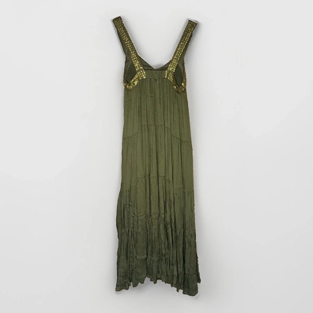 Free People Isadora Maxi Dress XS Olive Satin Gold Sequin Boho Summer